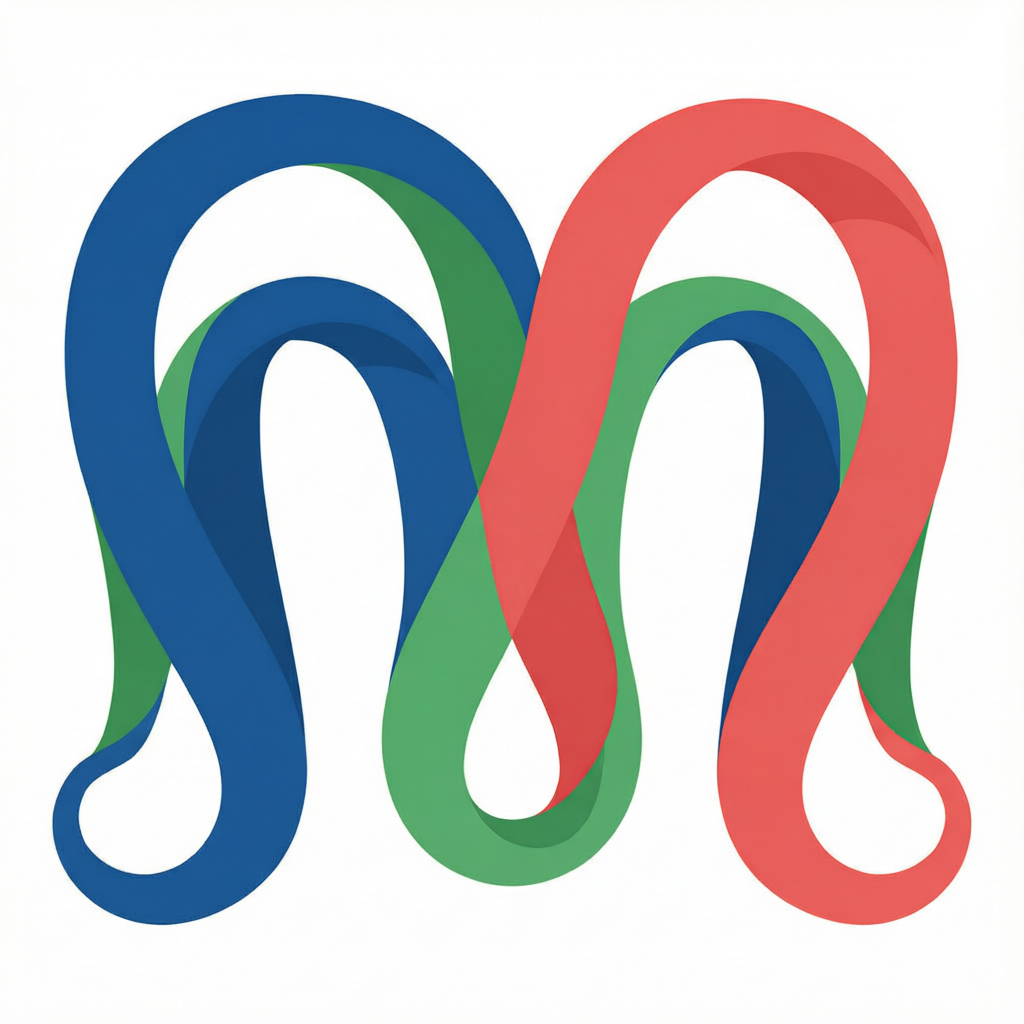 Interwoven blue, green and red protein ribbons